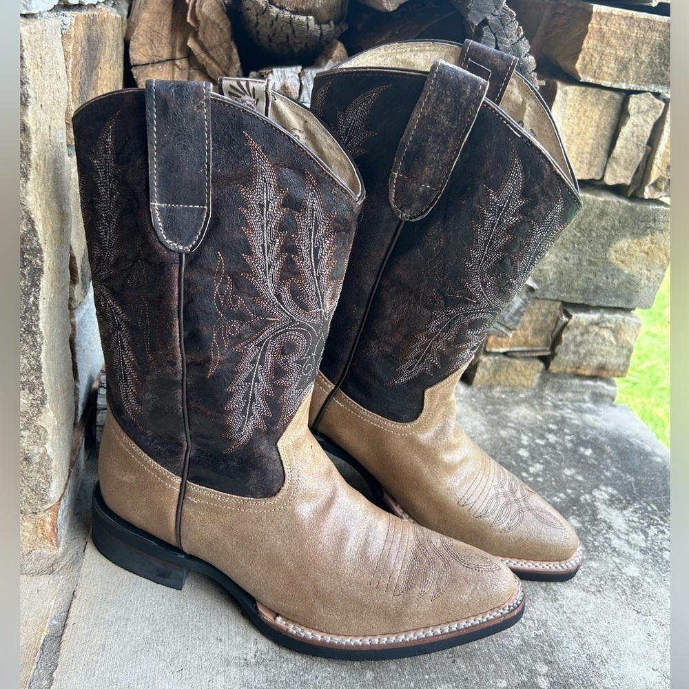 Men's Two-Tone Tan and Dark Brown Western Cowboy Boots